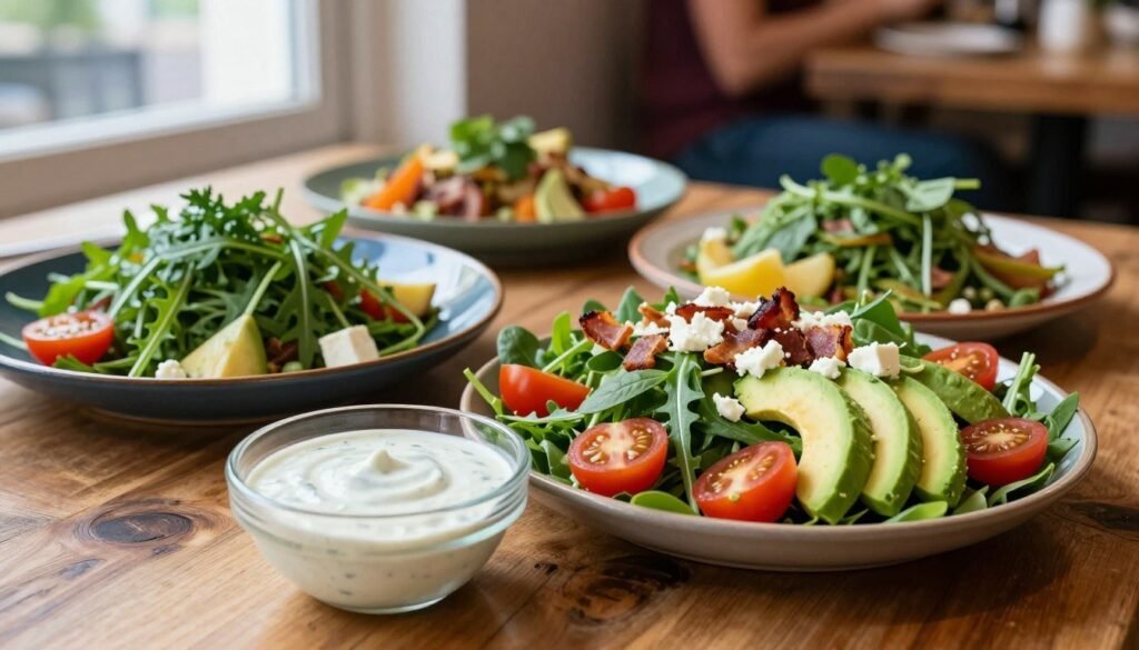 A beautifully arranged keto salad spread on a rustic wooden table, showcasing vibrant greens like arugula and spinach, topped with slices of avocado, cherry tomatoes, crispy bacon bits, and crumbled feta cheese. In the foreground, a clear glass bowl filled with a creamy ranch dressing sits artfully next to the salads. The middle ground features colorful salad plates garnished with fresh herbs, reflecting a healthy lifestyle. Soft, natural daylight filters through a nearby window, highlighting the texture and freshness of the ingredients, creating a warm, inviting atmosphere. The background features a hint of a cozy restaurant setting with blurred shapes of diners enjoying their meals, enhancing the mood of guilt-free dining. A beautifully arranged keto salad spread on a rustic wooden table, showcasing vibrant greens like arugula and spinach, topped with slices of avocado, cherry tomatoes, crispy bacon bits, and crumbled feta cheese. In the foreground, a clear glass bowl filled with a creamy ranch dressing sits artfully next to the salads. The middle ground features colorful salad plates garnished with fresh herbs, reflecting a healthy lifestyle. Soft, natural daylight filters through a nearby window, highlighting the texture and freshness of the ingredients, creating a warm, inviting atmosphere. The background features a hint of a cozy restaurant setting with blurred shapes of diners enjoying their meals, enhancing the mood of guilt-free dining.