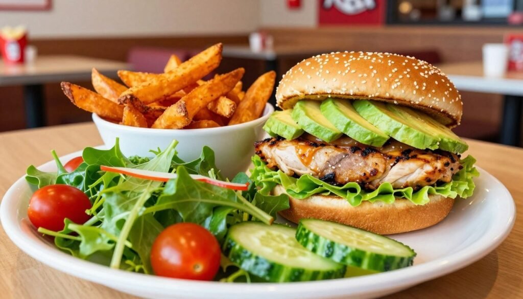 A beautifully arranged plate of Wendy's gluten-free offerings, featuring a fresh mixed salad with vibrant greens, cherry tomatoes, and sliced cucumbers at the foreground. In the middle ground, a gluten-free hamburger with a lettuce wrap instead of a bun, topped with fresh avocado and grilled chicken, sits invitingly next to a bowl of crispy fries made from sweet potatoes. The background features a cozy Wendy's restaurant ambiance, with soft, warm lighting illuminating wooden tables and booths. The scene is captured from a slightly elevated angle, creating a welcoming atmosphere that emphasizes health-conscious dining. The color palette is bright and fresh, conveying a sense of vitality and appetizing charm. The overall mood is cheerful and inviting, suitable for promoting safe dining options. A beautifully arranged plate of Wendy's gluten-free offerings, featuring a fresh mixed salad with vibrant greens, cherry tomatoes, and sliced cucumbers at the foreground. In the middle ground, a gluten-free hamburger with a lettuce wrap instead of a bun, topped with fresh avocado and grilled chicken, sits invitingly next to a bowl of crispy fries made from sweet potatoes. The background features a cozy Wendy's restaurant ambiance, with soft, warm lighting illuminating wooden tables and booths. The scene is captured from a slightly elevated angle, creating a welcoming atmosphere that emphasizes health-conscious dining. The color palette is bright and fresh, conveying a sense of vitality and appetizing charm. The overall mood is cheerful and inviting, suitable for promoting safe dining options.