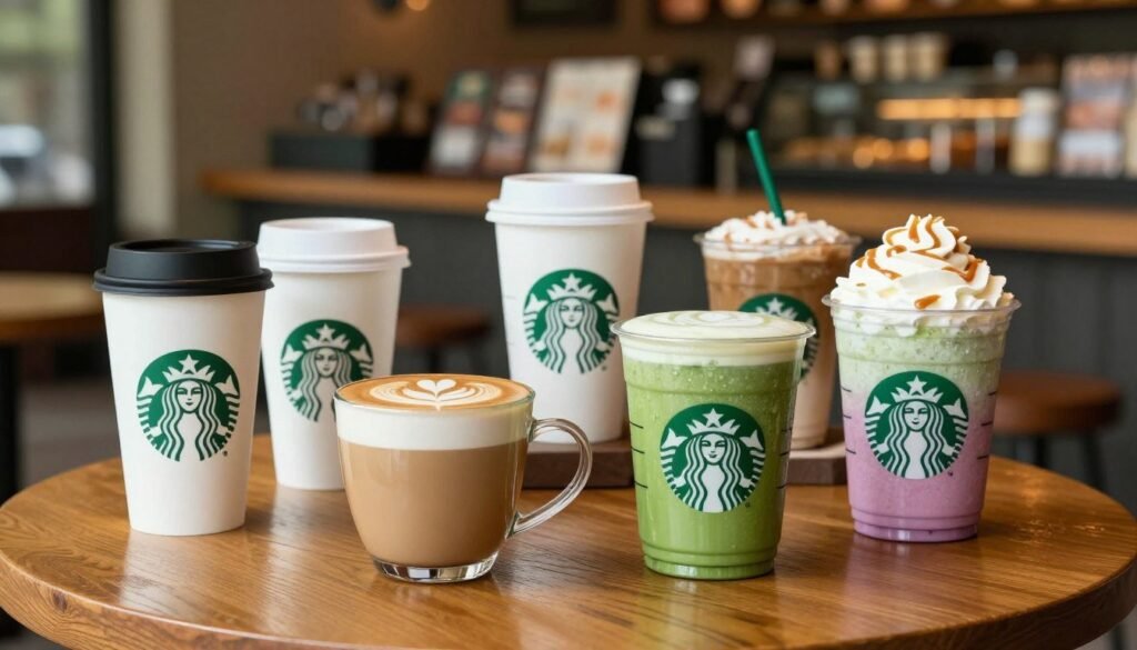 A beautifully arranged selection of Starbucks specialty drinks displayed on a polished wooden table. In the foreground, showcase a vibrant Caramel Macchiato with intricate latte art, a refreshing Matcha Green Tea Latte with a bright green hue, and a colorful Frappuccino topped with whipped cream and drizzles. In the middle ground, include a variety of stylish drinkware, like reusable cups and classic Starbucks mugs, filled with seasonal beverages. The background features a cozy Starbucks café ambiance with blurred vintage decor, warm lighting, and soft bokeh effect. Capture the essence of a lively yet relaxing environment, inviting viewers to indulge in the unique flavors each drink offers. The composition should evoke a sense of comfort and creativity, suitable for coffee enthusiasts.