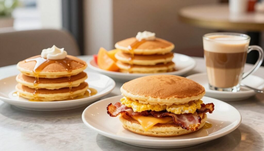 A beautifully arranged table showcasing a selection of Dairy Queen breakfast items, such as fluffy pancakes, breakfast sandwiches, and coffee, all displayed on elegant plates. In the foreground, focus on a delectable breakfast sandwich with layers of bacon, egg, and cheese, glistening under soft, natural morning light. The midground features a stack of golden pancakes drizzled with syrup and accompanied by a side of fresh fruit. In the background, a cozy café setting with subtle décor enhances the inviting atmosphere. The lighting is warm and inviting, highlighting the textures and colors of the food. The image captures a fresh and nutritious start to the day, with a cheerful and appetizing mood, making it appealing for readers seeking delicious breakfast options.