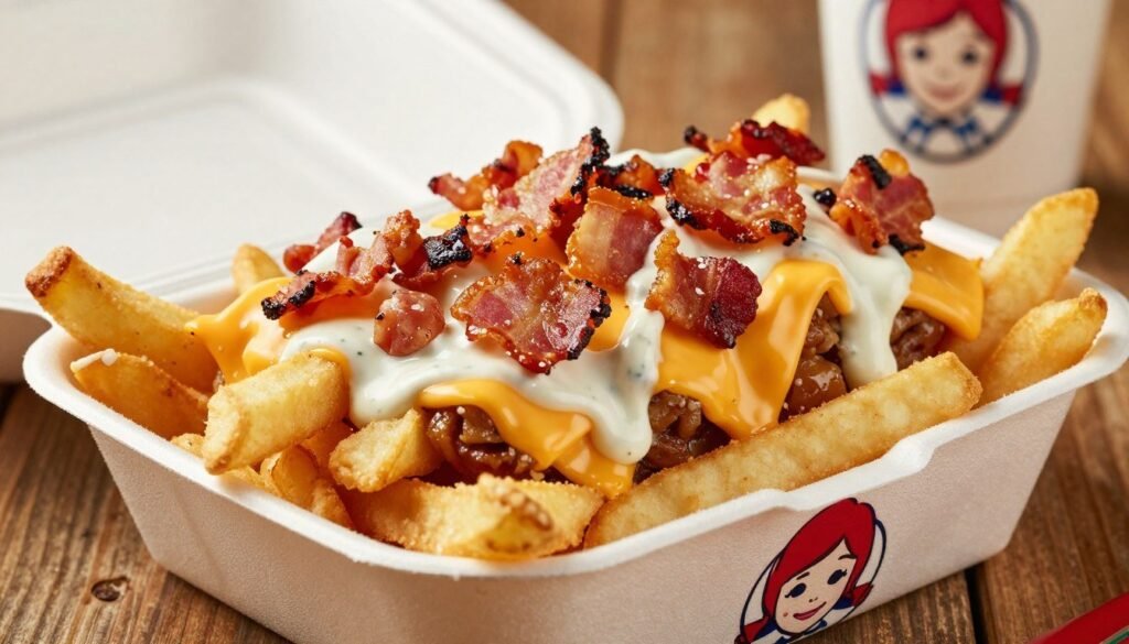 A close-up shot of Wendy's Loaded Baconator Fries, featuring a heaping portion of golden, crispy fries topped generously with melted cheddar cheese, smoky bacon bits, and rich ranch dressing. The foreground showcases the fries in a white takeout container with a branded Wendy's logo. The middle focuses on the colorful toppings, with glistening cheese and crispy bacon in sharp detail, creating a mouthwatering effect. In the background, softly blurred images of a rustic wooden table setting enhance the homey atmosphere, while warm, inviting lighting casts a golden hue over the scene. The image should evoke a sense of indulgence and comfort, ideal for highlighting hidden favorites on Wendy's secret menu. A close-up shot of Wendy's Loaded Baconator Fries, featuring a heaping portion of golden, crispy fries topped generously with melted cheddar cheese, smoky bacon bits, and rich ranch dressing. The foreground showcases the fries in a white takeout container with a branded Wendy's logo. The middle focuses on the colorful toppings, with glistening cheese and crispy bacon in sharp detail, creating a mouthwatering effect. In the background, softly blurred images of a rustic wooden table setting enhance the homey atmosphere, while warm, inviting lighting casts a golden hue over the scene. The image should evoke a sense of indulgence and comfort, ideal for highlighting hidden favorites on Wendy's secret menu.