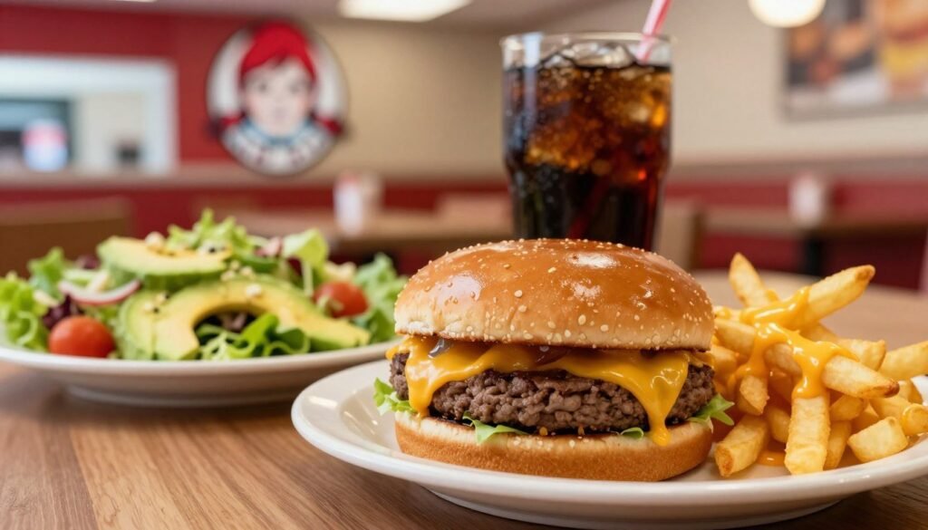 A close-up shot of a Wendy's restaurant table, featuring a variety of common keto mistakes. In the foreground, display an overflowing burger with a glossy bun, a plate of fries dusted with melted cheese, and a soda, all reflecting bright lighting to emphasize their appeal. The middle ground should showcase a contrast between healthy options, like a fresh salad with avocado, and unhealthy choices on the same table. In the background, include a blurred view of Wendy’s iconic red signage with a welcoming atmosphere. Use warm lighting to create a cozy and inviting mood, while the angle captures the food in a slightly tilted view for a dynamic perspective. Aim for a tasteful yet cautionary vibe, illustrating the pitfalls of dining at Wendy’s for keto followers. A close-up shot of a Wendy's restaurant table, featuring a variety of common keto mistakes. In the foreground, display an overflowing burger with a glossy bun, a plate of fries dusted with melted cheese, and a soda, all reflecting bright lighting to emphasize their appeal. The middle ground should showcase a contrast between healthy options, like a fresh salad with avocado, and unhealthy choices on the same table. In the background, include a blurred view of Wendy’s iconic red signage with a welcoming atmosphere. Use warm lighting to create a cozy and inviting mood, while the angle captures the food in a slightly tilted view for a dynamic perspective. Aim for a tasteful yet cautionary vibe, illustrating the pitfalls of dining at Wendy’s for keto followers.