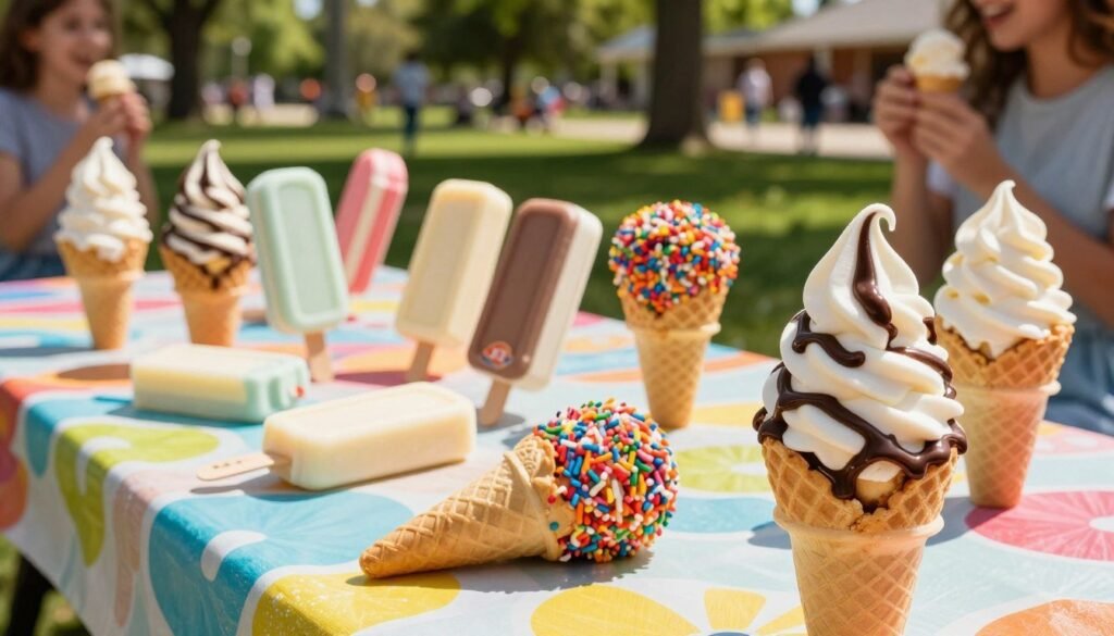 A close-up view of an array of delectable Dairy Queen ice cream cones and novelty items on a vibrant, summertime picnic table. In the foreground, showcase a classic soft-serve cone with a perfectly swirled top, drizzled with rich chocolate syrup. Beside it, display a variety of dipped cones with colorful sprinkles glistening in the sunlight. In the middle section, include innovative novelty items like ice cream bars and dipped waffle cones, neatly arranged on a cheerful, patterned tablecloth. The background features a sunny park scene with blurred out trees and cheerful people enjoying their treats. Use bright, natural lighting to evoke a joyful, nostalgic atmosphere reminiscent of summer days. The image should be inviting and mouthwatering, appealing to all ice cream lovers.
