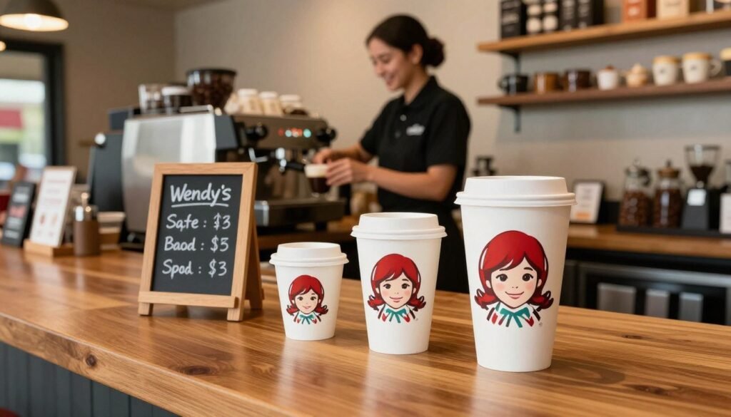A cozy coffee shop interior showcasing Wendy's coffee sizes and pricing. In the foreground, a polished wooden table features three Wendy's coffee cups in varying sizes—small, medium, and large—arranged neatly with a small chalkboard displaying their prices in elegant handwriting. The middle ground has a barista, dressed in a black polo shirt, preparing a coffee drink with an espresso machine, smiling warmly. In the background, soft ambient lighting creates a welcoming atmosphere, with shelves displaying coffee beans and pastries. The camera angle is from a slight overhead perspective, capturing the warmth and inviting nature of the coffee shop. The mood is friendly and relaxed, perfect for illustrating a coffee menu. A cozy coffee shop interior showcasing Wendy's coffee sizes and pricing. In the foreground, a polished wooden table features three Wendy's coffee cups in varying sizes—small, medium, and large—arranged neatly with a small chalkboard displaying their prices in elegant handwriting. The middle ground has a barista, dressed in a black polo shirt, preparing a coffee drink with an espresso machine, smiling warmly. In the background, soft ambient lighting creates a welcoming atmosphere, with shelves displaying coffee beans and pastries. The camera angle is from a slight overhead perspective, capturing the warmth and inviting nature of the coffee shop. The mood is friendly and relaxed, perfect for illustrating a coffee menu.