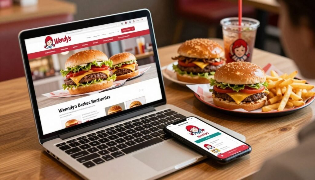 A cozy, inviting digital setup featuring a sleek laptop on a wooden table displaying the Wendy's website with a mouthwatering selection of burgers. In the foreground, there's a smartphone showing the Wendy's app, emphasizing the convenience of mobile ordering. The middle ground showcases a vibrant, colorful array of Wendy's burgers, fries, and drinks, artistically arranged on a plate. In the background, soft, warm lighting creates a welcoming atmosphere, simulating a fast-food restaurant ambiance. An overhead angle captures both the laptop and smartphone, highlighting their role in online ordering. The overall mood is casual and appetizing, enticing viewers to explore Wendy's burger options from the comfort of their home. A cozy, inviting digital setup featuring a sleek laptop on a wooden table displaying the Wendy's website with a mouthwatering selection of burgers. In the foreground, there's a smartphone showing the Wendy's app, emphasizing the convenience of mobile ordering. The middle ground showcases a vibrant, colorful array of Wendy's burgers, fries, and drinks, artistically arranged on a plate. In the background, soft, warm lighting creates a welcoming atmosphere, simulating a fast-food restaurant ambiance. An overhead angle captures both the laptop and smartphone, highlighting their role in online ordering. The overall mood is casual and appetizing, enticing viewers to explore Wendy's burger options from the comfort of their home.