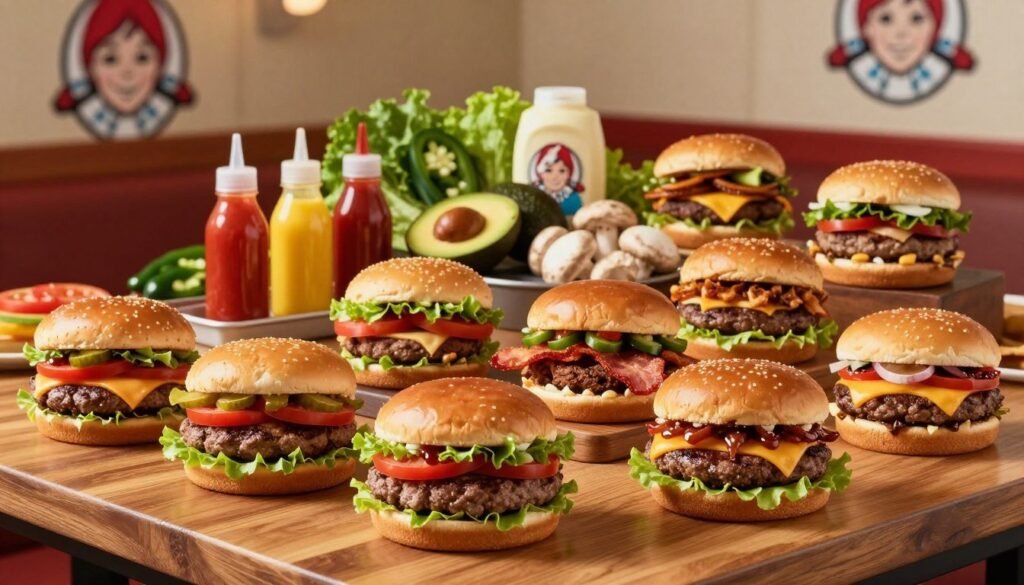 A vibrant Wendy's burger customization display, showcasing a variety of delicious, mouth-watering burger options elegantly arranged on a wooden table. In the foreground, different burger varieties featuring juicy patties, fresh lettuce, ripe tomatoes, crispy bacon, and a selection of cheeses, each with distinct toppings like pickles, onions, and special sauces. In the middle ground, visible condiment stations with ketchup, mustard, and mayonnaise, surrounded by fresh ingredients like avocados, jalapeños, and mushrooms. Setting the mood, soft, warm lighting enhances the food's colors, creating an inviting atmosphere. The background subtly suggests a Wendy's restaurant interior with its signature colors and logo, all captured from a slightly elevated angle to provide a comprehensive view of the customization options while focusing on the delicious details of each burger. A vibrant Wendy's burger customization display, showcasing a variety of delicious, mouth-watering burger options elegantly arranged on a wooden table. In the foreground, different burger varieties featuring juicy patties, fresh lettuce, ripe tomatoes, crispy bacon, and a selection of cheeses, each with distinct toppings like pickles, onions, and special sauces. In the middle ground, visible condiment stations with ketchup, mustard, and mayonnaise, surrounded by fresh ingredients like avocados, jalapeños, and mushrooms. Setting the mood, soft, warm lighting enhances the food's colors, creating an inviting atmosphere. The background subtly suggests a Wendy's restaurant interior with its signature colors and logo, all captured from a slightly elevated angle to provide a comprehensive view of the customization options while focusing on the delicious details of each burger.