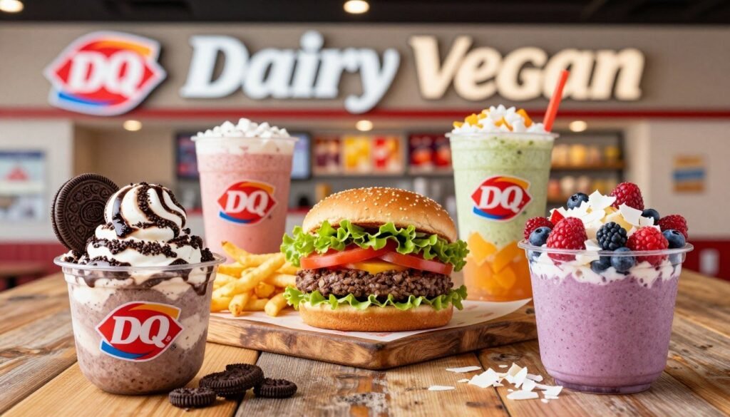 A vibrant and appetizing display of Dairy Queen's vegan menu options, set on a rustic wooden table. In the foreground, showcase tantalizing vegan treats like a rich Oreo Blizzard, a refreshing fruit shake, and a colorful smoothie bowl adorned with fresh berries and coconut flakes. In the middle, include a delicious vegan burger, topped with crisp lettuce and tomato, alongside golden fries. The background features a cheerful Dairy Queen store ambiance, with soft lighting that enhances the warmth of the setting. Use a shallow depth of field to keep the focus on the food, while gently blurring the store signage. Capture the scene from a slightly elevated angle to provide a dynamic perspective, evoking an inviting and friendly atmosphere.