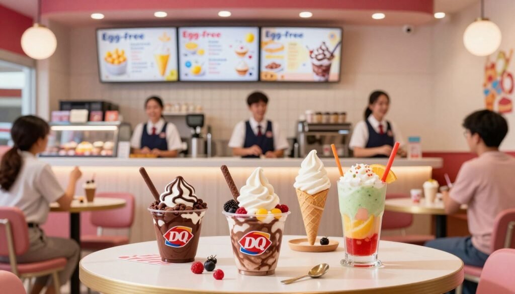 A vibrant and inviting Dairy Queen restaurant interior showcasing a selection of delicious egg-free menu items. In the foreground, a beautifully arranged table features a variety of colorful and appetizing treats, such as a chocolate sundae, a swirl cone, and a refreshing fruit smoothie, all visually appealing and ready to be enjoyed. In the middle of the scene, a well-lit counter displays the menu board highlighting egg-free options, surrounded by friendly staff members wearing neat uniforms, smiling and engaging with customers. The background captures the cozy atmosphere of the restaurant, with warm lighting and cheerful decor, creating a welcoming vibe. The image should have soft focus on the background, emphasizing the foreground delights while ensuring clarity and warmth throughout the scene. The overall mood is joyful and inclusive, celebrating allergen-friendly dining choices.