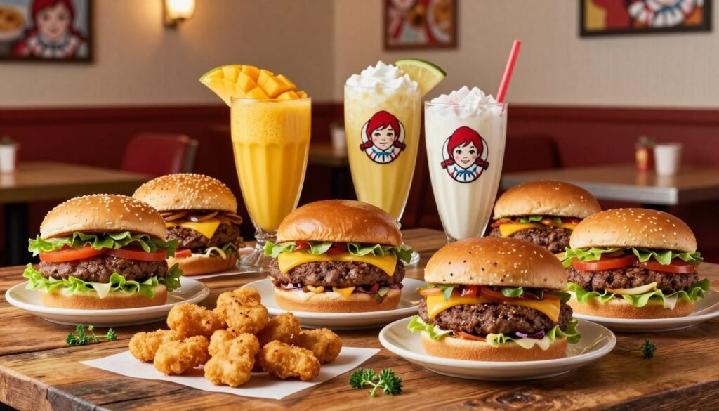 A vibrant spread of Wendy's regional secret menu items, beautifully arranged on a rustic wooden table. In the foreground, showcase an assortment of colorful burgers and unique sides, such as spicy chicken nuggets and seasonal salads, garnished with fresh herbs. In the middle, highlight specialty drinks, like a mango smoothie and a seasonal milkshake, presented in stylish glassware. The background features a cozy Wendy's diner setting with warm lighting, creating an inviting atmosphere. Use a shallow depth of field to keep the focus on the food while softly blurring the diner’s décor. Capture the scene with a warm color palette, emphasizing the deliciousness and uniqueness of these hidden favorites. A vibrant spread of Wendy's regional secret menu items, beautifully arranged on a rustic wooden table. In the foreground, showcase an assortment of colorful burgers and unique sides, such as spicy chicken nuggets and seasonal salads, garnished with fresh herbs. In the middle, highlight specialty drinks, like a mango smoothie and a seasonal milkshake, presented in stylish glassware. The background features a cozy Wendy's diner setting with warm lighting, creating an inviting atmosphere. Use a shallow depth of field to keep the focus on the food while softly blurring the diner’s décor. Capture the scene with a warm color palette, emphasizing the deliciousness and uniqueness of these hidden favorites.