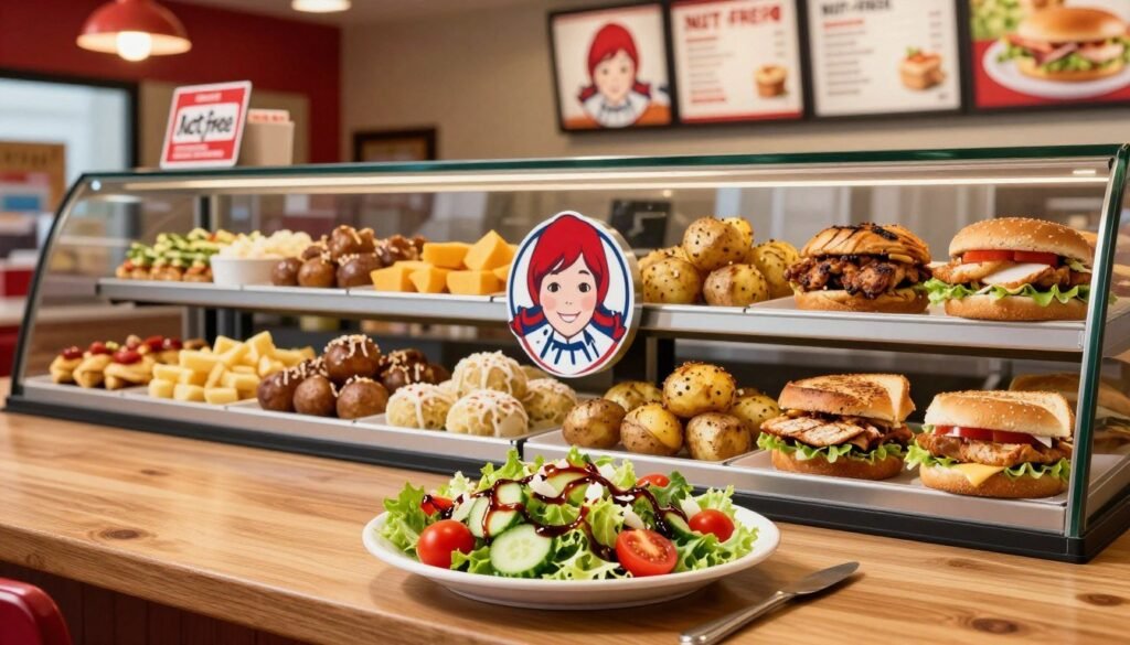 A visually appealing display of Wendy's nut-free menu options, featuring a vibrant arrangement of colorful, fresh ingredients such as salads, baked potatoes, and grilled chicken sandwiches. In the foreground, a tasteful wooden table topped with a neatly arranged plate of a salad adorned with cherry tomatoes, cucumber slices, and a balsamic dressing. The middle layer includes a sleek, modern Wendy's logo subtly placed, surrounded by light, healthy sides. In the background, the cozy ambiance of a Wendy's restaurant is visible, softly lit with warm lights, and the menu boards are blurred, emphasizing the nut-free focus. The scene conveys a welcoming atmosphere, highlighting safety for dining with nut allergies, shot from a slightly elevated angle to capture depth and context. A visually appealing display of Wendy's nut-free menu options, featuring a vibrant arrangement of colorful, fresh ingredients such as salads, baked potatoes, and grilled chicken sandwiches. In the foreground, a tasteful wooden table topped with a neatly arranged plate of a salad adorned with cherry tomatoes, cucumber slices, and a balsamic dressing. The middle layer includes a sleek, modern Wendy's logo subtly placed, surrounded by light, healthy sides. In the background, the cozy ambiance of a Wendy's restaurant is visible, softly lit with warm lights, and the menu boards are blurred, emphasizing the nut-free focus. The scene conveys a welcoming atmosphere, highlighting safety for dining with nut allergies, shot from a slightly elevated angle to capture depth and context.