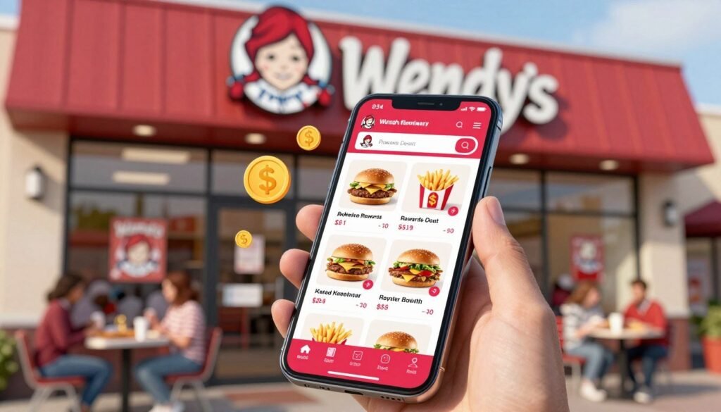 A visually engaging depiction of Wendy's app rewards program, showcasing a smartphone displaying the app interface prominently in the foreground. The phone should feature colorful images of menu items, like hamburgers and fries, with a rewards points balance visible. In the middle ground, illustrated graphics of dollar signs and coins should symbolize savings. The background should feature a modern Wendy's restaurant exterior, with subtle hints of customers enjoying their meals, all captured in warm, inviting natural lighting to evoke a sense of community and satisfaction. The angle should be slightly elevated, making the app interface the focal point while giving context to the environment. The overall mood should be upbeat and cheerful, reflecting the excitement of maximizing savings through the loyalty program.