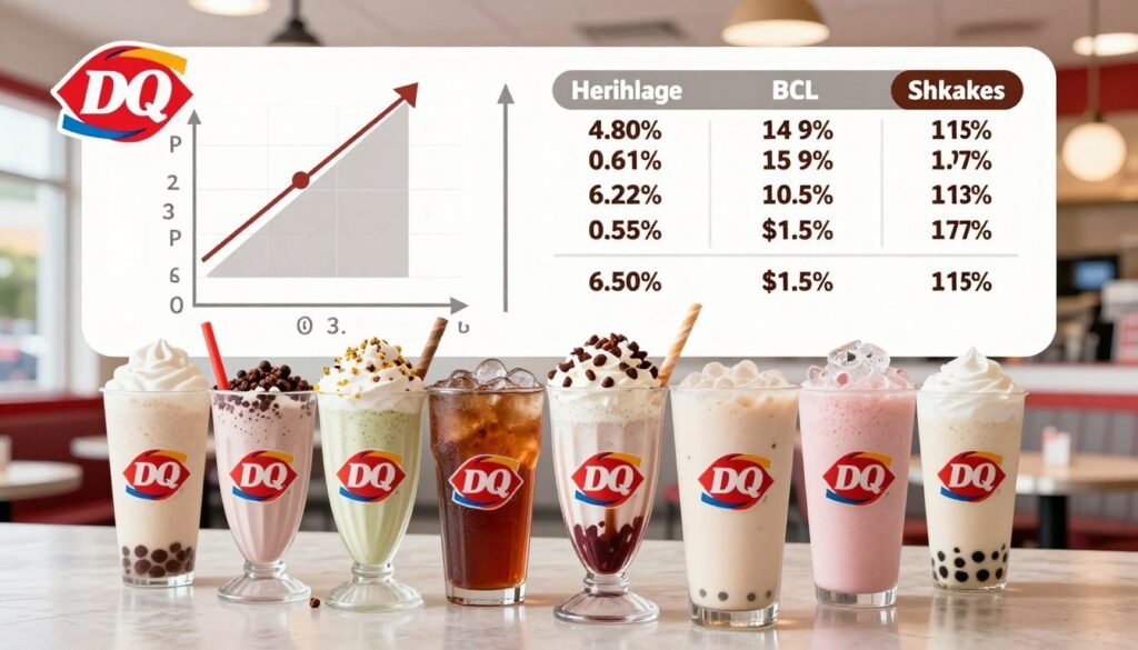 A visually engaging infographic displaying Dairy Queen's nutritional information on beverages and shakes. In the foreground, feature an array of colorful drinks like milkshakes, soft drinks, and smoothies, each with detailed calorie counts displayed prominently. In the middle, include a stylized chart summarizing healthier alternatives alongside their comparative calorie contents. The background should have a clean and modern layout, perhaps with subtle hints of a Dairy Queen restaurant interior. Use soft, natural lighting to create a warm and inviting atmosphere, resembling a friendly diner. The angle should be slightly elevated to give a comprehensive view of both the drinks and the informative elements, ensuring clarity while maintaining a cohesive design.