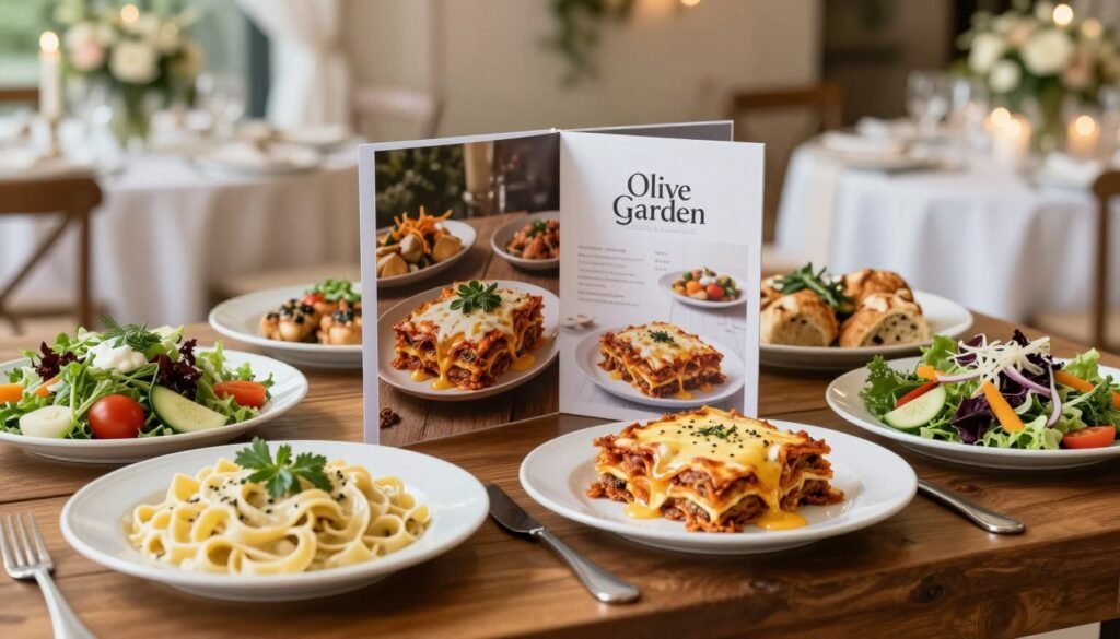 A beautifully arranged Olive Garden catering menu displayed on an elegant wooden table, showcasing a selection of delicious Italian cuisine for wedding events. In the foreground, vibrant dishes like creamy fettuccine alfredo, rich lasagna, and fresh garden salads, all artfully garnished with fresh herbs and vegetables. In the middle, a tastefully designed catering brochure featuring enticing images of the food, embossed with the Olive Garden logo. The background is softly blurred, presenting a romantic wedding setting with candles, floral centerpieces, and twinkling fairy lights, creating a warm and inviting atmosphere. Soft, natural lighting cascades down, highlighting the textures of the food and the elegance of the setup. Capture this scene from a slightly elevated angle to provide a comprehensive view of the delightful spread.
