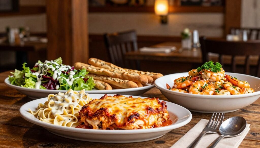 A beautifully arranged Olive Garden lunch table displaying a variety of Chicken and Seafood lunch entrees. In the foreground, feature a golden-brown Chicken Parmigiana topped with melted cheese, accompanied by a side of fettuccine alfredo with creamy sauce. Beside it, an elegant bowl of shrimp scampi, glistening with garlic and herbs, garnished with fresh parsley. In the middle ground, a rustic wooden table set with Olive Garden’s signature breadsticks and a fresh garden salad drizzled with Italian dressing. The background is softly blurred, showcasing warm, inviting restaurant elements like wooden beams and soft lighting from overhead fixtures, creating a cozy atmosphere perfect for lunch. The composition captures a culinary delight, evoking a feeling of comfort and indulgence in a casual dining setting.