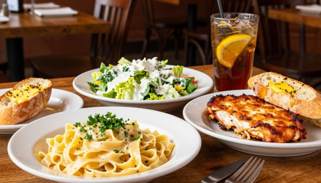 A beautifully arranged Olive Garden lunch table featuring a selection of enticing midday meals. In the foreground, a vibrant plate of Fettuccine Alfredo garnished with parsley, a slice of crispy Chicken Parmesan, and a warm breadstick drizzled with garlic butter. The middle layer showcases a caesar salad with crisp romaine and creamy dressing, while a glass of refreshing iced tea with lemon sits nearby. The background lightly fades into the inviting ambiance of an Olive Garden restaurant, with warm lighting and rustic wooden decor, creating a cozy atmosphere. The camera angle captures the spread from a slightly overhead view, enhancing the abundance of delicious dishes. The mood is inviting and appetizing, perfect for showcasing a delightful midday meal experience.