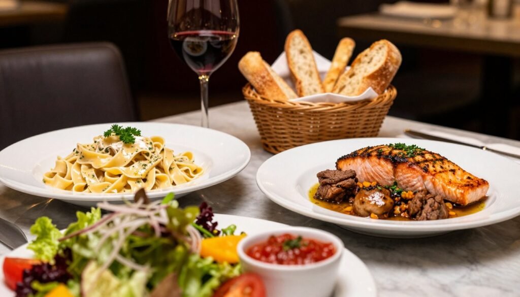 A beautifully arranged dining table showcasing Olive Garden's chicken and pork entrees, featuring a plate of rich Chicken Alfredo, tender Herb-Grilled Salmon, and savory Pork Osso Buco, garnished with fresh herbs. The foreground features a gourmet salad with vibrant colors and a small bowl of marinara sauce. In the middle ground, a glass of red wine and a basket of warm breadsticks add a touch of warmth. The background softly blurs into a cozy restaurant setting with dim lighting, creating an inviting atmosphere. The scene captures a delightful dining experience, emphasizing the delicious, satisfying nature of the dishes. Soft, warm lighting enhances the appetizing look of the food, inviting viewers to indulge. A beautifully arranged dining table showcasing Olive Garden's chicken and pork entrees, featuring a plate of rich Chicken Alfredo, tender Herb-Grilled Salmon, and savory Pork Osso Buco, garnished with fresh herbs. The foreground features a gourmet salad with vibrant colors and a small bowl of marinara sauce. In the middle ground, a glass of red wine and a basket of warm breadsticks add a touch of warmth. The background softly blurs into a cozy restaurant setting with dim lighting, creating an inviting atmosphere. The scene captures a delightful dining experience, emphasizing the delicious, satisfying nature of the dishes. Soft, warm lighting enhances the appetizing look of the food, inviting viewers to indulge.