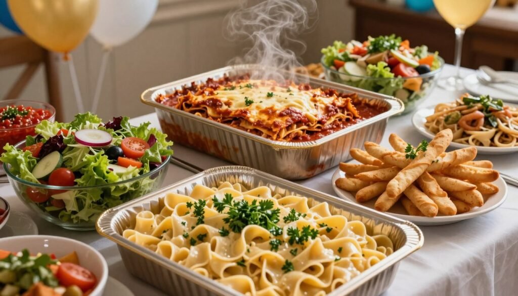 A beautifully arranged display of Olive Garden party trays, featuring a variety of dishes including pasta, salads, and breadsticks artfully presented. The foreground showcases a vibrant tray of Chicken Alfredo, garnished with fresh parsley, alongside a selection of garden salads in colorful bowls. In the middle ground, a large tray of Lasagna is presented, steaming gently, with a side of marinara sauce. The background subtly includes party-themed decorations, such as balloons and tableware, to set a festive mood. The lighting is warm and inviting, casting a soft glow over the food, creating an atmosphere of celebration and togetherness. The camera angle is slightly elevated, offering a comprehensive view of the sumptuous catering offerings while maintaining focus on the appealing details of each dish.