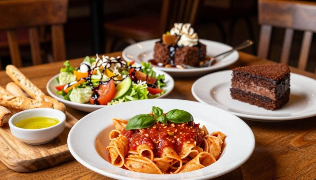 A beautifully arranged table at Olive Garden featuring an assortment of gluten-free dishes. In the foreground, a vibrant plate of gluten-free pasta topped with a rich marinara sauce, garnished with fresh basil, and a side of gluten-free breadsticks with a small dish of olive oil for dipping. The middle ground displays a colorful salad with balsamic vinaigrette and a gluten-free dessert, such as a flourless chocolate cake. In the background, the warm ambiance of Olive Garden with soft, inviting lighting and rustic wooden decor creates a cozy atmosphere. The scene is captured from a slight overhead angle to emphasize the food presentation, evoking a sense of comfort and deliciousness, enticing viewers to explore gluten-free dining options.