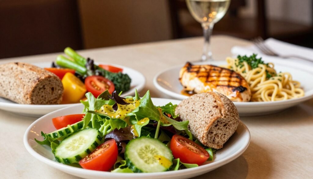 A beautifully arranged table at an Olive Garden setting showcasing healthier lunch options. In the foreground, feature a vibrant salad with mixed greens, cherry tomatoes, cucumber slices, and a light vinaigrette, accompanied by a whole-grain roll. In the middle, present a grilled chicken breast with steamed vegetables and a small portion of whole wheat pasta, garnished with fresh herbs. In the background, hint at the restaurant's warm ambiance with soft, diffused lighting illuminating rustic décor. The camera angle should be slightly above the table, capturing the colorful plates and the inviting atmosphere. Aim for a cheerful and uplifting mood, emphasizing a balanced yet delicious approach to Italian cuisine.