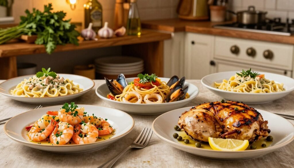 A beautifully arranged table featuring a variety of authentic Italian dishes, highlighting chicken and seafood entrees. In the foreground, a succulent grilled chicken piccata garnished with capers and lemon slices, alongside a delicate shrimp scampi with garlic and parsley. In the middle, a vibrant seafood linguine with mussels and calamari, and a rich chicken alfredo served with fettuccine. The background features a rustic Italian kitchen with wooden shelves filled with fresh herbs, garlic, and olive oil, adding to the authentic atmosphere. The lighting is warm and inviting, casting a soft glow over the food, resembling the golden hour. The scene is shot from a slightly elevated angle, capturing the details and textures of the dishes while evoking a sense of comfort and culinary delight. A beautifully arranged table featuring a variety of authentic Italian dishes, highlighting chicken and seafood entrees. In the foreground, a succulent grilled chicken piccata garnished with capers and lemon slices, alongside a delicate shrimp scampi with garlic and parsley. In the middle, a vibrant seafood linguine with mussels and calamari, and a rich chicken alfredo served with fettuccine. The background features a rustic Italian kitchen with wooden shelves filled with fresh herbs, garlic, and olive oil, adding to the authentic atmosphere. The lighting is warm and inviting, casting a soft glow over the food, resembling the golden hour. The scene is shot from a slightly elevated angle, capturing the details and textures of the dishes while evoking a sense of comfort and culinary delight.
