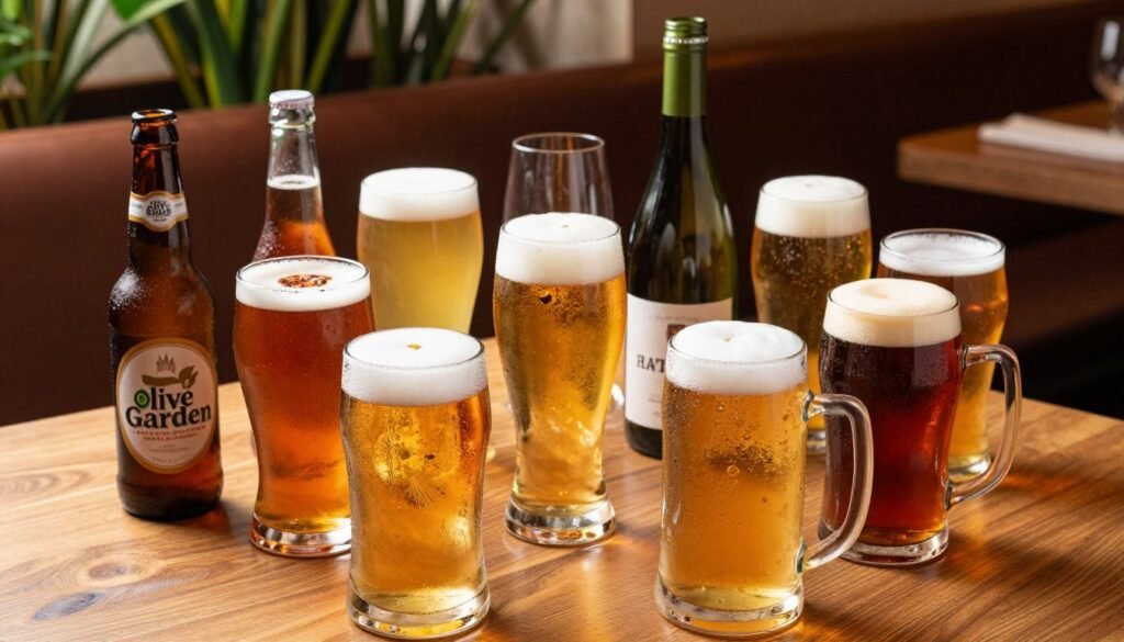 A beautifully arranged table showcasing Olive Garden's beer options, including a variety of craft and imported beers in frosty glass mugs and bottles. In the foreground, focus on a sparkling light lager and a rich amber ale, both prominently displayed with condensation glistening on the glass. The middle features a colorful selection of seasonal beers with garnishes, alongside an elegant wine bottle and glasses, highlighting the restaurant's drink diversity. In the background, a softly lit Olive Garden interior sets the mood, with warm wooden elements and soft greenery, creating a welcoming and vibrant atmosphere. The lighting is warm and inviting, enhancing the colors of the beverages, captured at a slightly overhead angle to emphasize the table setting.