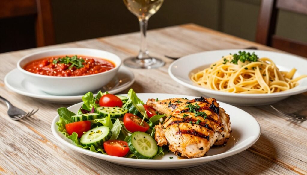 A beautifully arranged table showcasing Olive Garden's gluten-free menu choices. In the foreground, a vibrant plate of gluten-free grilled chicken, garnished with fresh herbs, served alongside a colorful garden salad featuring cherry tomatoes, cucumbers, and a light vinaigrette. A bowl of gluten-free marinara sauce with herbs is elegantly placed next to a portion of gluten-free pasta. In the middle, a rustic wooden table with a subtle tablecloth, creating a warm atmosphere. In the background, soft, diffused lighting highlights the textures of the dishes, with hints of Olive Garden's iconic decor subtly blurred. The mood is inviting and appetizing, perfect for a casual dining experience. No text, captions, or logos are present.