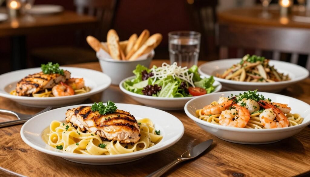 A beautifully arranged table showcasing Olive Garden's lunch options, featuring an enticing spread of Chicken and Seafood Lunch Entrees. In the foreground, a plate of grilled chicken alfredo with fettuccine, garnished with parsley, next to a bowl of shrimp scampi, beautifully presented with garlic and herbs. In the middle, an array of side dishes like garden salad and breadsticks, elegantly placed on a rustic wooden table. The background hints at a warm, inviting Olive Garden dining area with soft, ambient lighting and subtle Italian decor, creating an authentic atmosphere. The image has a slight bokeh effect to emphasize the delicious food while maintaining a cozy, welcoming feel. The overall mood is appetizing and inviting, perfect for showcasing delightful midday meals.