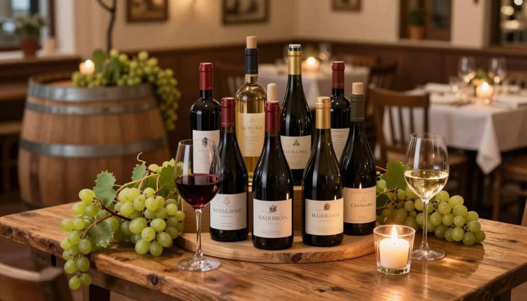 A beautifully arranged wine selection display on a rustic wooden table, featuring a variety of wine bottles including red, white, and sparkling options, all elegantly labeled. In the foreground, there are two wine glasses, one filled with a deep red wine and the other with a crisp white wine, glistening in soft, warm candlelight. In the middle ground, vibrant green grapevines curl around rustic wine barrels, enhancing the authentic Italian ambiance. The background showcases a charming Italian restaurant setting with soft-focus tables and warm, inviting lighting. The atmosphere is cozy and inviting, evoking the essence of a romantic dining experience. Use a slightly elevated angle to capture the table's arrangement and the inviting restaurant backdrop. Emphasize warm hues to evoke a sense of comfort and sophistication. A beautifully arranged wine selection display on a rustic wooden table, featuring a variety of wine bottles including red, white, and sparkling options, all elegantly labeled. In the foreground, there are two wine glasses, one filled with a deep red wine and the other with a crisp white wine, glistening in soft, warm candlelight. In the middle ground, vibrant green grapevines curl around rustic wine barrels, enhancing the authentic Italian ambiance. The background showcases a charming Italian restaurant setting with soft-focus tables and warm, inviting lighting. The atmosphere is cozy and inviting, evoking the essence of a romantic dining experience. Use a slightly elevated angle to capture the table's arrangement and the inviting restaurant backdrop. Emphasize warm hues to evoke a sense of comfort and sophistication.