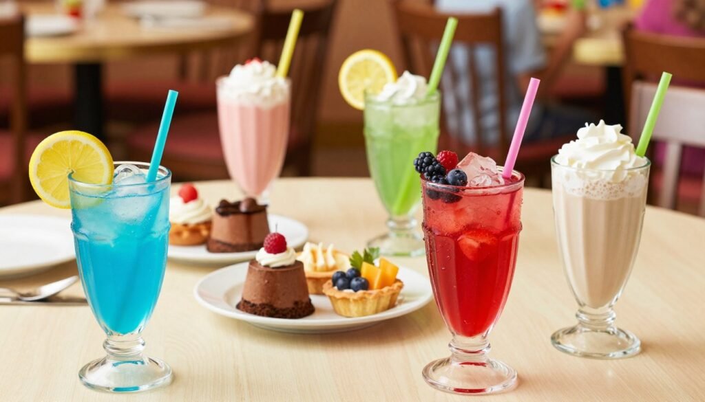 A vibrant and inviting table setting showcasing a selection of Olive Garden kids drinks, featuring colorful, child-friendly beverages in playful cups with fun straws. In the foreground, a bright blue lemonade with an animated lemon slice, a vibrant red fruit punch garnished with fresh berries, and a creamy white milkshake topped with whipped cream. The middle ground captures a small assortment of dessert options like chocolate mousse and mini fruit tarts, artfully arranged on plates. The background includes a soft-focus depiction of an Olive Garden dining scene, with warm lighting enhancing the cozy, family-friendly atmosphere. Shot from a slightly elevated angle, the image exudes a cheerful and delightful mood, perfect for enticing young diners. A vibrant and inviting table setting showcasing a selection of Olive Garden kids drinks, featuring colorful, child-friendly beverages in playful cups with fun straws. In the foreground, a bright blue lemonade with an animated lemon slice, a vibrant red fruit punch garnished with fresh berries, and a creamy white milkshake topped with whipped cream. The middle ground captures a small assortment of dessert options like chocolate mousse and mini fruit tarts, artfully arranged on plates. The background includes a soft-focus depiction of an Olive Garden dining scene, with warm lighting enhancing the cozy, family-friendly atmosphere. Shot from a slightly elevated angle, the image exudes a cheerful and delightful mood, perfect for enticing young diners.