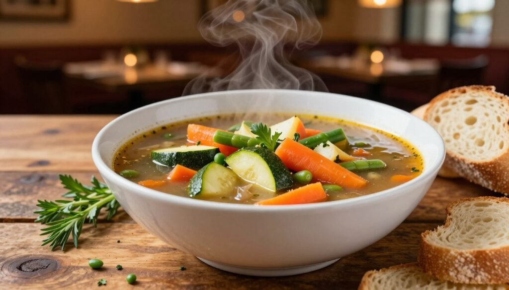 A vibrant bowl of Olive Garden Minestrone Soup, brimming with colorful vegetables like zucchini, carrots, and green beans, floating in a rich, savory broth. In the foreground, a rustic wooden table with a side of fresh herbs sprinkled around the bowl. The middle features a beautifully garnished soup bowl, steam rising gently, highlighting the freshness of the ingredients. In the background, a cozy Olive Garden restaurant ambiance, softly lit with warm, inviting lighting, enhancing the wholesome feel of the meal. The perspective captures the soup at eye level, inviting the viewer to savor the hearty, garden-fresh experience. A few slices of crusty bread are placed alongside, completing the comforting presentation.